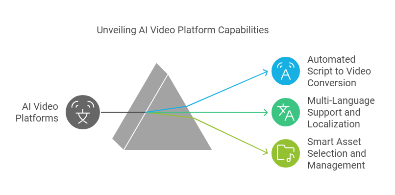 AI video generation platform features, including automated script to video conversion, multi-language support, and smart asset management.