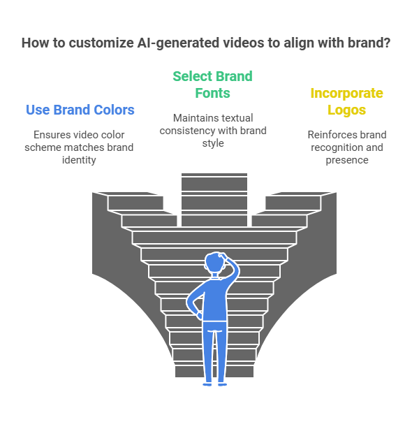 Customizing AI-generated videos with brand colors, fonts, logos, and approved graphics for consistent messaging.