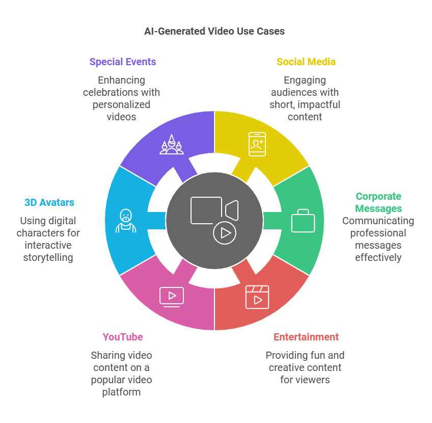 Popular use cases for AI storytelling videos, including social media, corporate messages, YouTube, and 3D avatars.